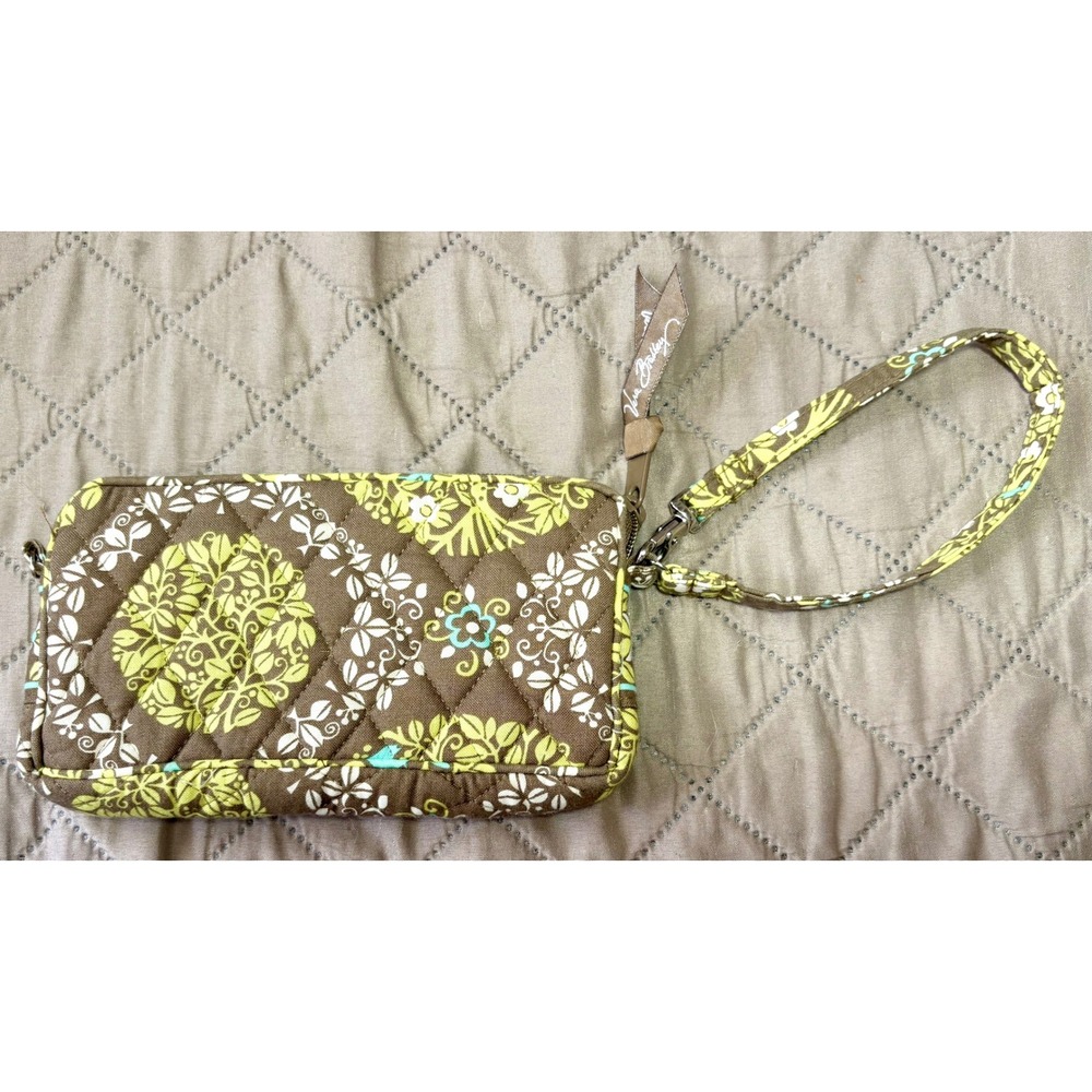 Vera Bradley Night and Day Quilted Cotton Wristlet Brown Green Floral Bird‎